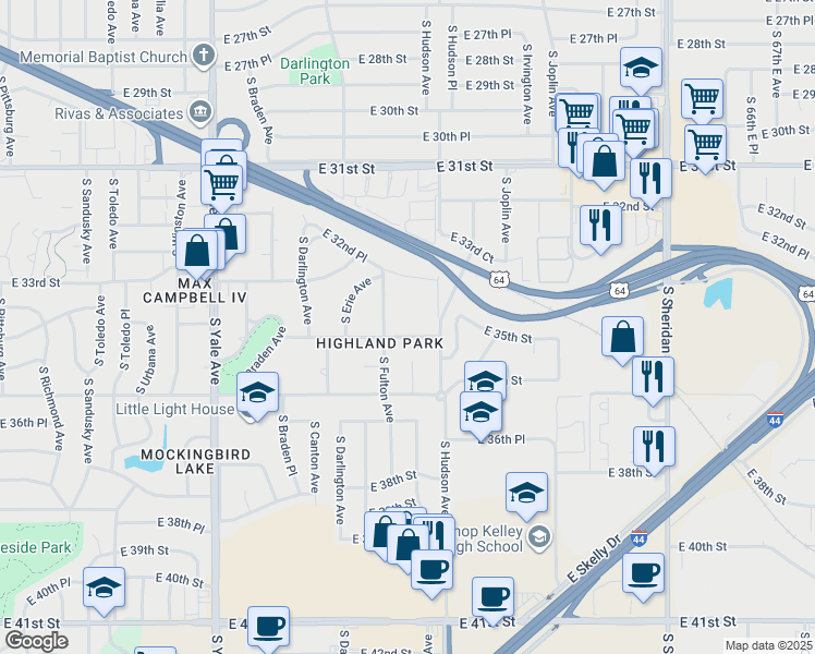 map of restaurants, bars, coffee shops, grocery stores, and more near 5515 East 35th Street in Tulsa