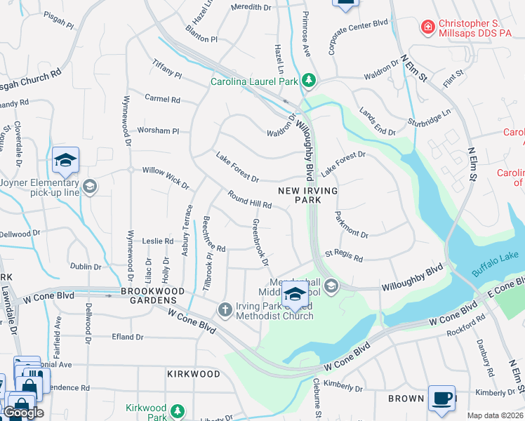 map of restaurants, bars, coffee shops, grocery stores, and more near 2927 Round Hill Road in Greensboro