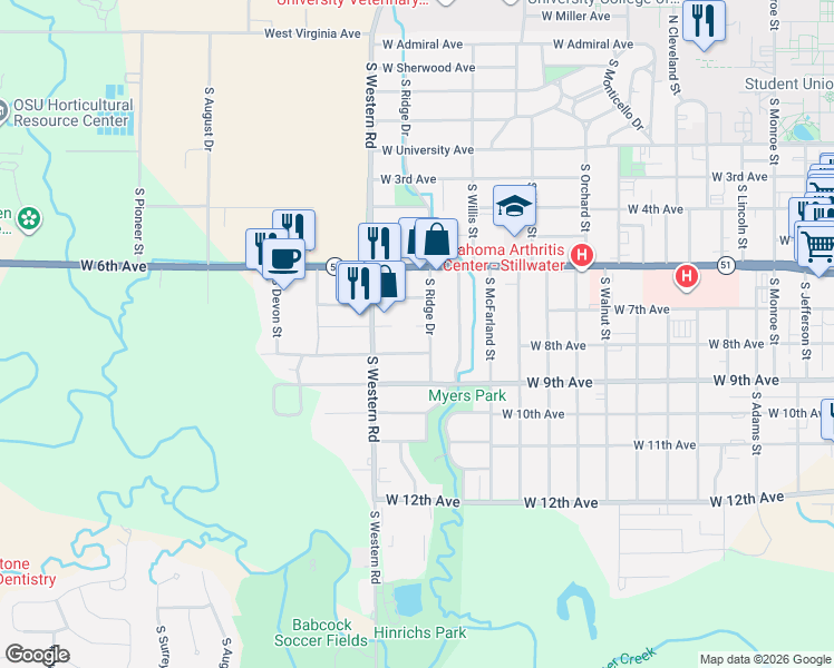 map of restaurants, bars, coffee shops, grocery stores, and more near 720 South Ridge Drive in Stillwater
