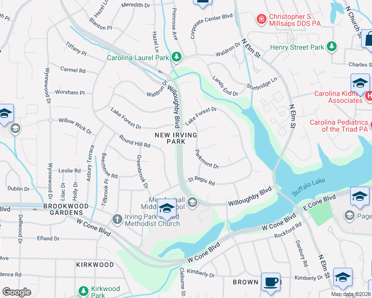 map of restaurants, bars, coffee shops, grocery stores, and more near 317 Willoughby Boulevard in Greensboro