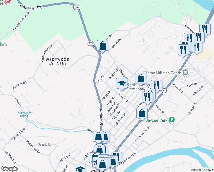 map of restaurants, bars, coffee shops, grocery stores, and more near 726 Byrd Street in Clinton