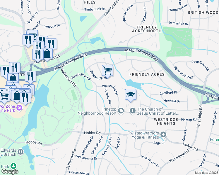 map of restaurants, bars, coffee shops, grocery stores, and more near 1503 Wenchelsa Rd in Greensboro