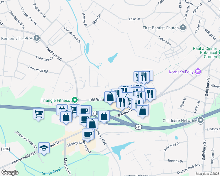 map of restaurants, bars, coffee shops, grocery stores, and more near 854 Old Winston Road in Kernersville
