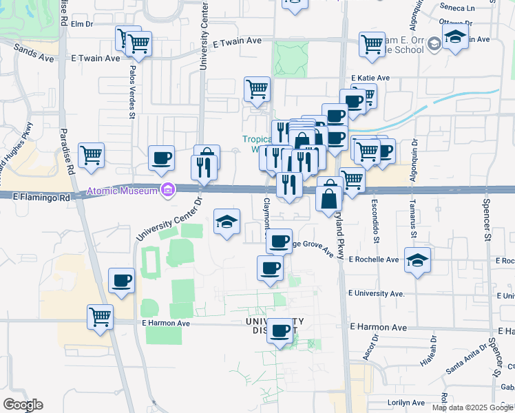 map of restaurants, bars, coffee shops, grocery stores, and more near 967 East Flamingo Road in Las Vegas