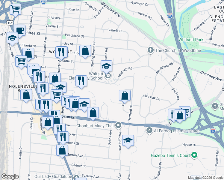 map of restaurants, bars, coffee shops, grocery stores, and more near 111 Whitsett Road in Nashville