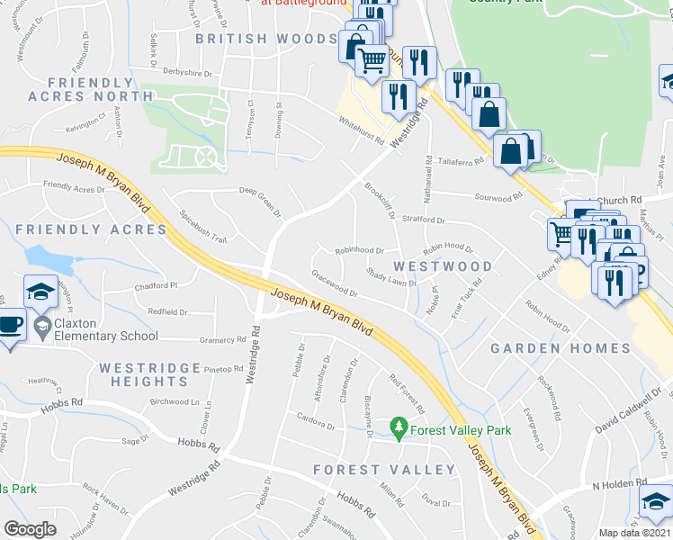 map of restaurants, bars, coffee shops, grocery stores, and more near 1703 Lewellyn Drive in Greensboro