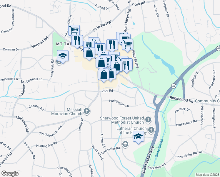 map of restaurants, bars, coffee shops, grocery stores, and more near 3347 York Road in Winston-Salem