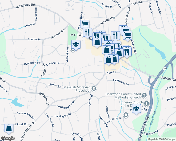 map of restaurants, bars, coffee shops, grocery stores, and more near 3461 York Road in Winston-Salem