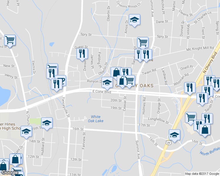 map of restaurants, bars, coffee shops, grocery stores, and more near 1407 East Cone Boulevard in Greensboro
