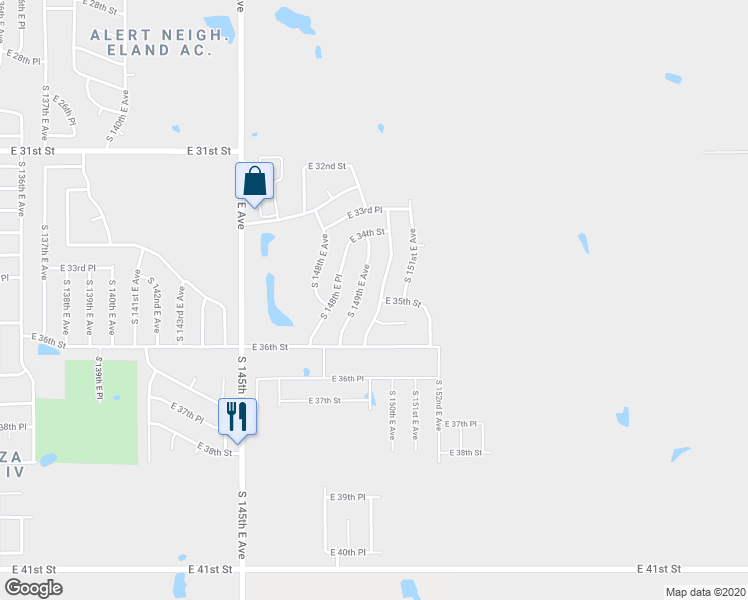 map of restaurants, bars, coffee shops, grocery stores, and more near 3504 South 150th East Avenue in Tulsa