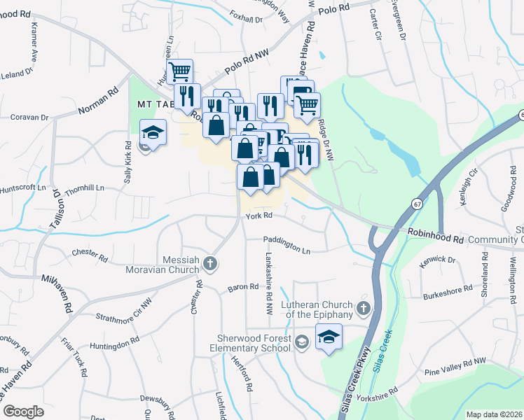 map of restaurants, bars, coffee shops, grocery stores, and more near 3347 York Road in Winston-Salem