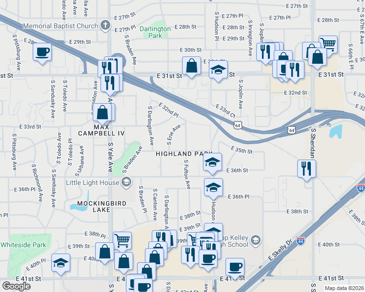 map of restaurants, bars, coffee shops, grocery stores, and more near 3240 South Fulton Avenue in Tulsa