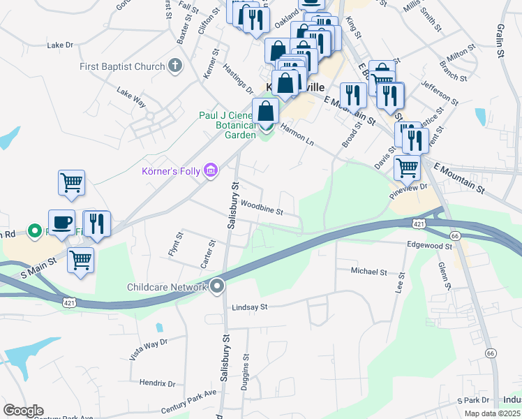 map of restaurants, bars, coffee shops, grocery stores, and more near 74 Woodbine Street in Kernersville