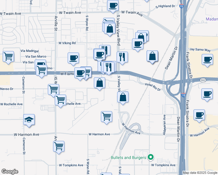 map of restaurants, bars, coffee shops, grocery stores, and more near 3821 West Flamingo Road in Las Vegas