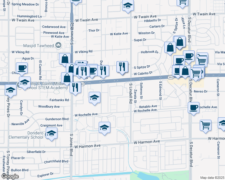 map of restaurants, bars, coffee shops, grocery stores, and more near 5795 West Flamingo Road in Las Vegas