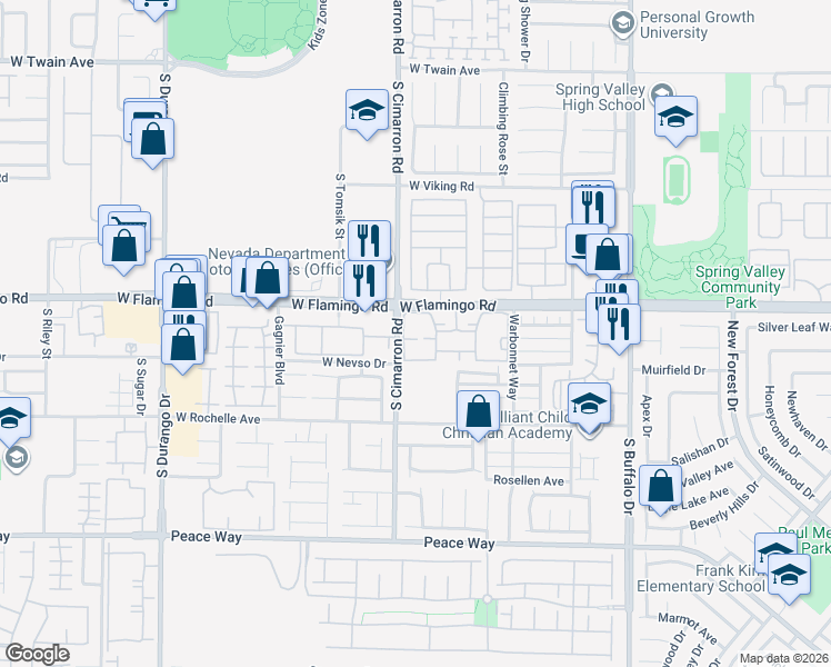 map of restaurants, bars, coffee shops, grocery stores, and more near 8101 West Flamingo Road in Las Vegas