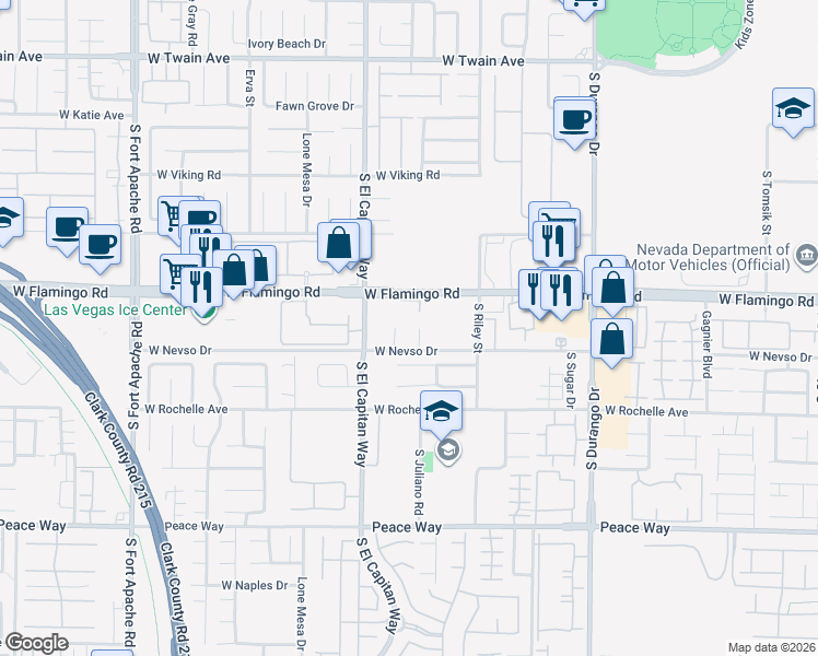 map of restaurants, bars, coffee shops, grocery stores, and more near 8987 West Flamingo Road in Las Vegas