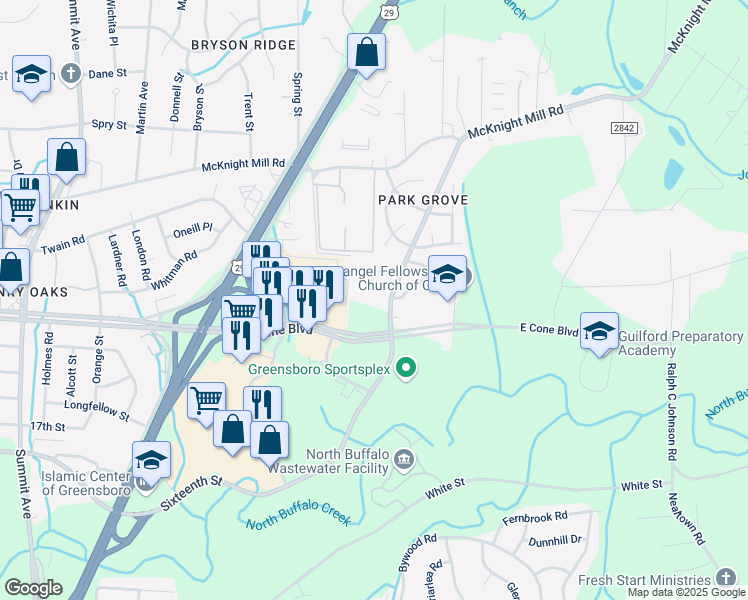 map of restaurants, bars, coffee shops, grocery stores, and more near 2571 Sixteenth Street in Greensboro