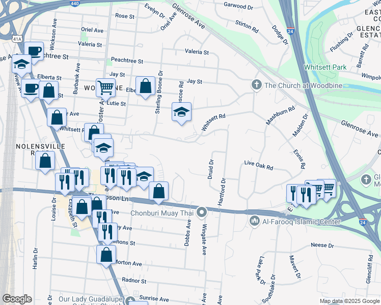 map of restaurants, bars, coffee shops, grocery stores, and more near 111 Whitsett Road in Nashville