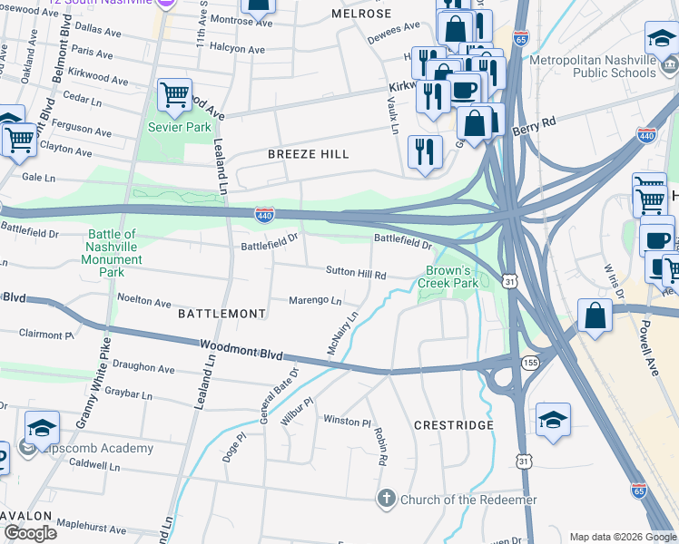 map of restaurants, bars, coffee shops, grocery stores, and more near 906 Sutton Hill Road in Nashville