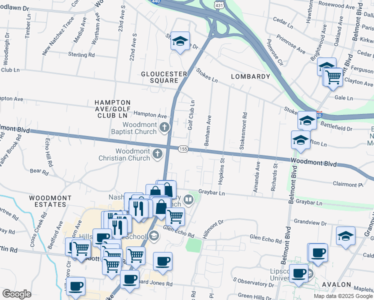 map of restaurants, bars, coffee shops, grocery stores, and more near 2043 Woodmont Boulevard in Nashville