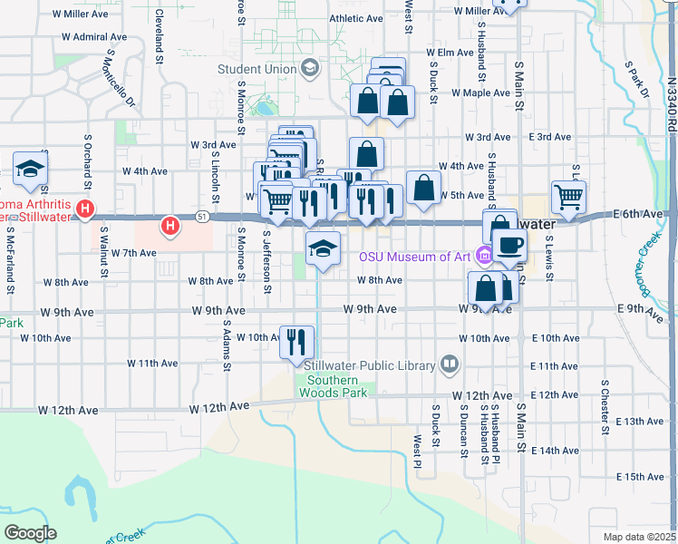 map of restaurants, bars, coffee shops, grocery stores, and more near 717 South Hester Street in Stillwater