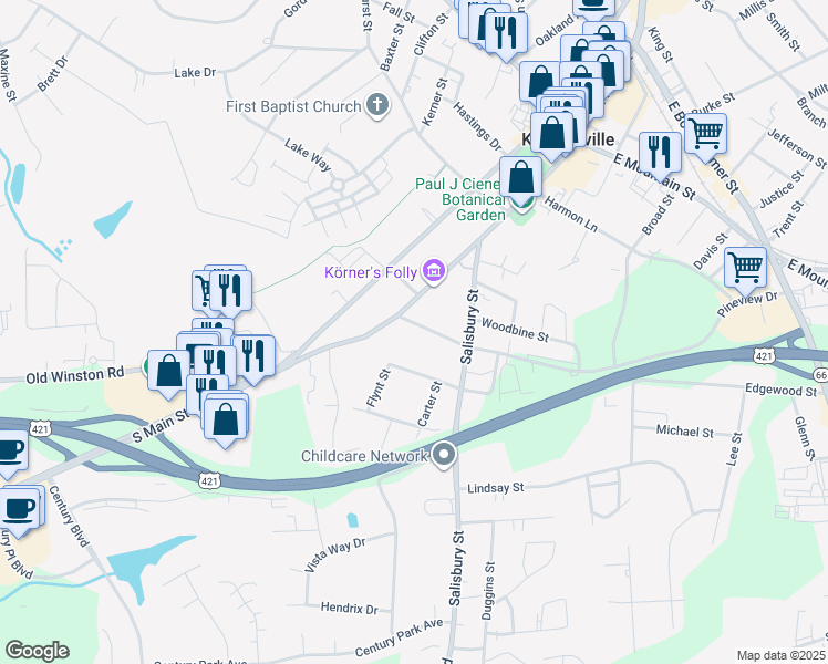 map of restaurants, bars, coffee shops, grocery stores, and more near 113 Pineview Drive in Kernersville