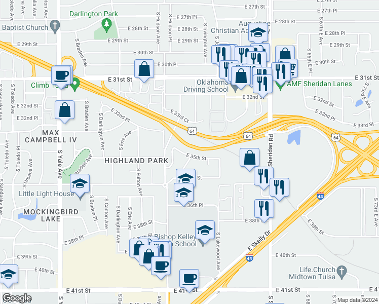 map of restaurants, bars, coffee shops, grocery stores, and more near 5837 East 35th Street in Tulsa