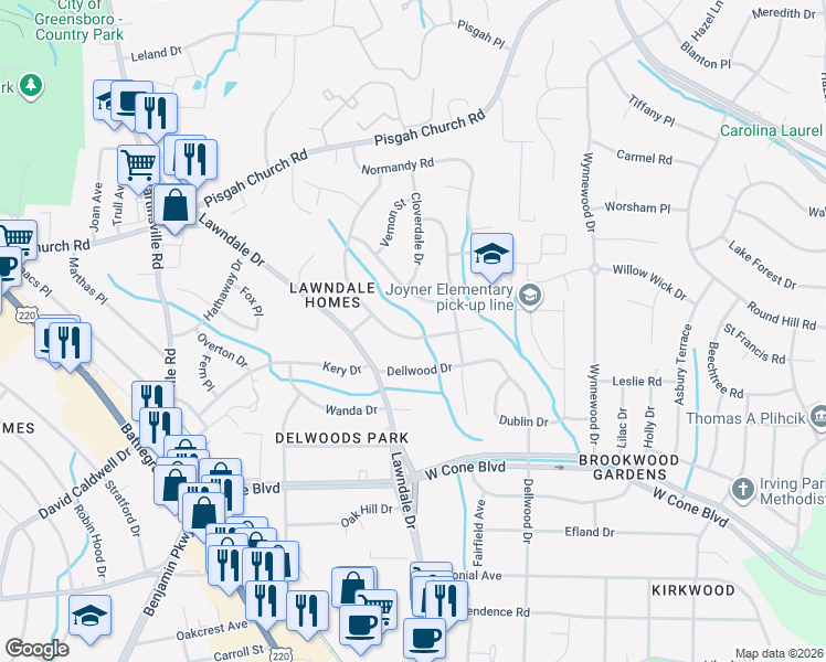map of restaurants, bars, coffee shops, grocery stores, and more near 3306 Wilshire Drive in Greensboro
