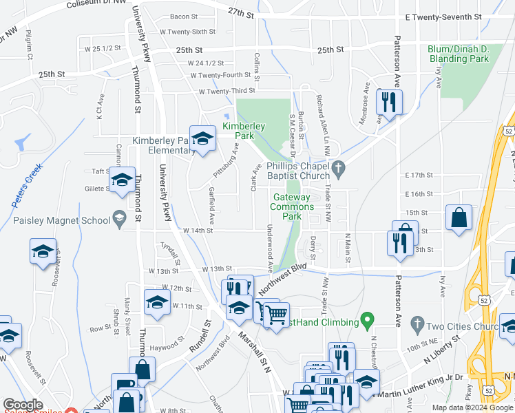 map of restaurants, bars, coffee shops, grocery stores, and more near 1431 Clark Avenue in Winston-Salem