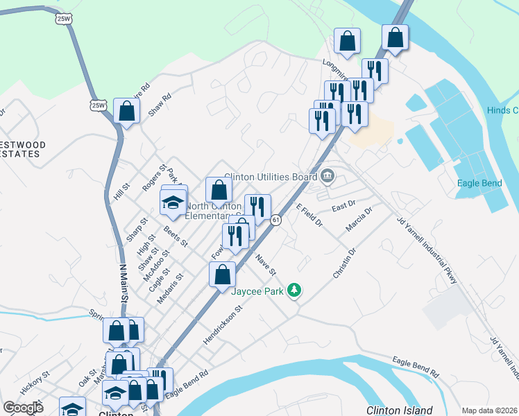map of restaurants, bars, coffee shops, grocery stores, and more near 927 Fowler Street in Clinton