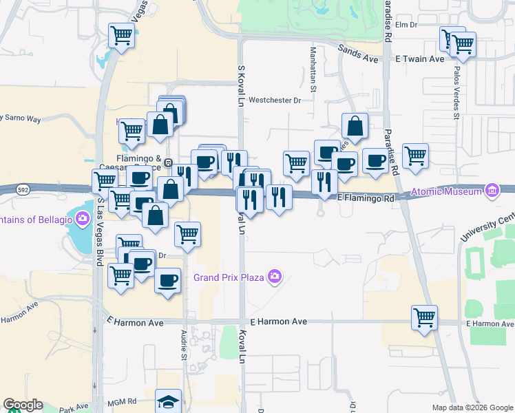 map of restaurants, bars, coffee shops, grocery stores, and more near 211 East Flamingo Road in Las Vegas