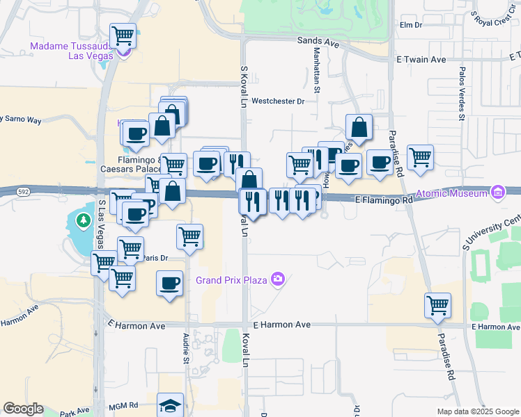 map of restaurants, bars, coffee shops, grocery stores, and more near 211 East Flamingo Road in Las Vegas
