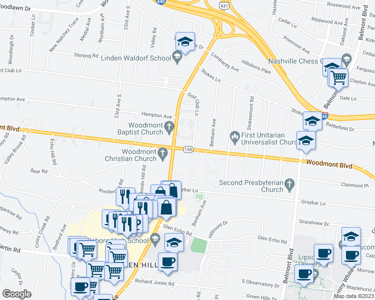 map of restaurants, bars, coffee shops, grocery stores, and more near 2043 Woodmont Boulevard in Nashville