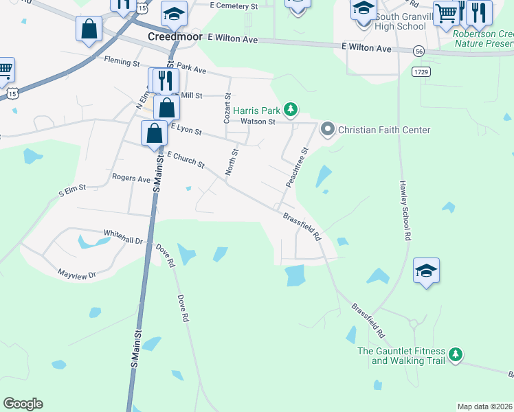 map of restaurants, bars, coffee shops, grocery stores, and more near 322 East Church Street in Creedmoor