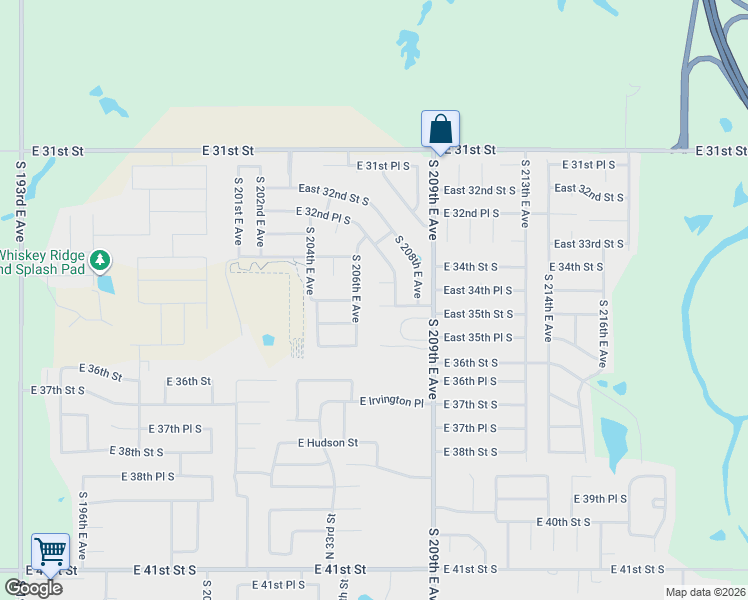 map of restaurants, bars, coffee shops, grocery stores, and more near 20653 East 34th Place South in Broken Arrow