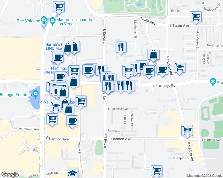 map of restaurants, bars, coffee shops, grocery stores, and more near 211 East Flamingo Road in Las Vegas