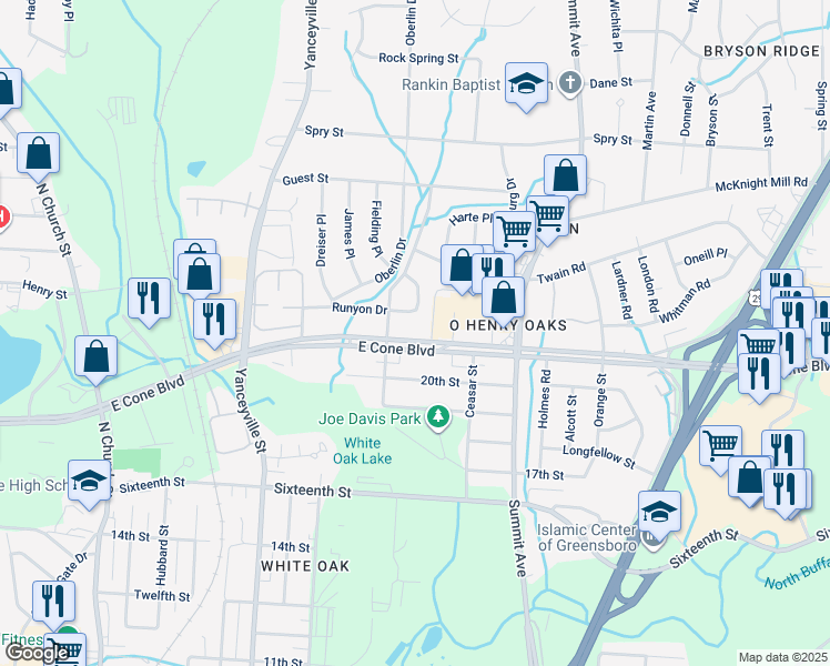 map of restaurants, bars, coffee shops, grocery stores, and more near 1407 East Cone Boulevard in Greensboro