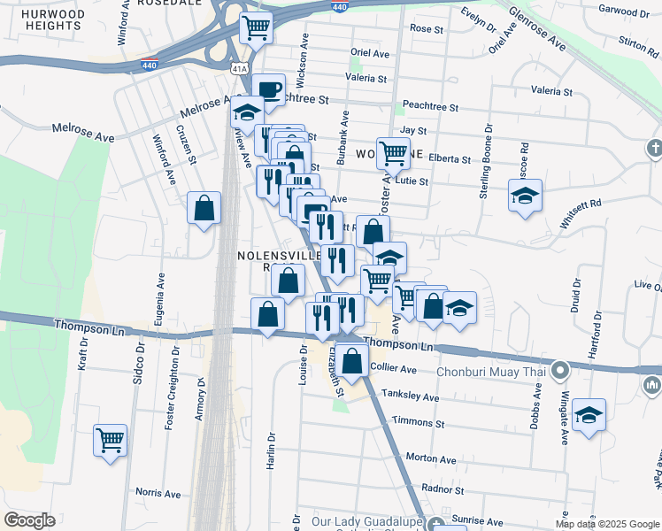 map of restaurants, bars, coffee shops, grocery stores, and more near 2706 Nolensville Pike in Nashville