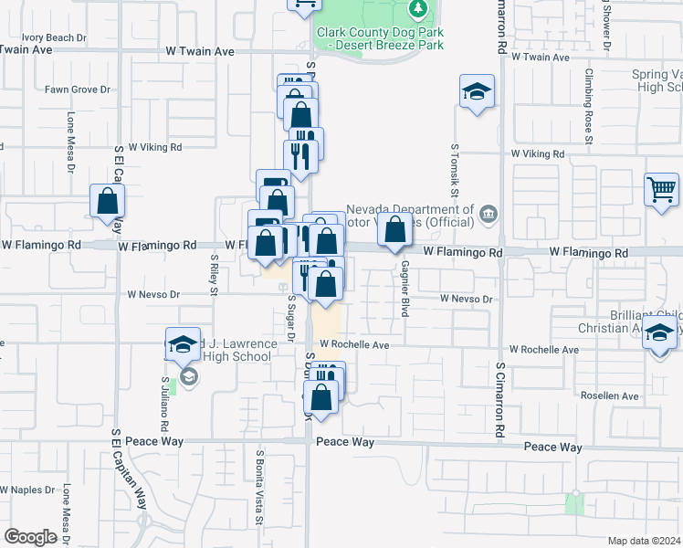 map of restaurants, bars, coffee shops, grocery stores, and more near 8525 West Flamingo Road in Las Vegas