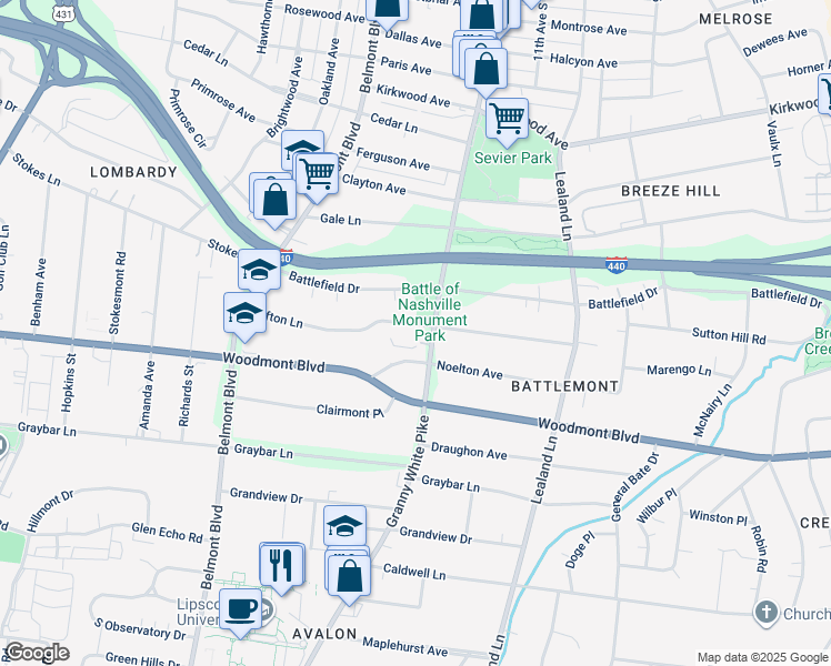 map of restaurants, bars, coffee shops, grocery stores, and more near 3401 Granny White Pike in Nashville