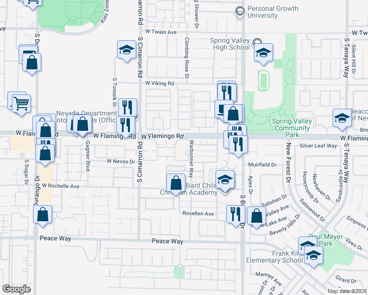 map of restaurants, bars, coffee shops, grocery stores, and more near 8101 West Flamingo Road in Las Vegas