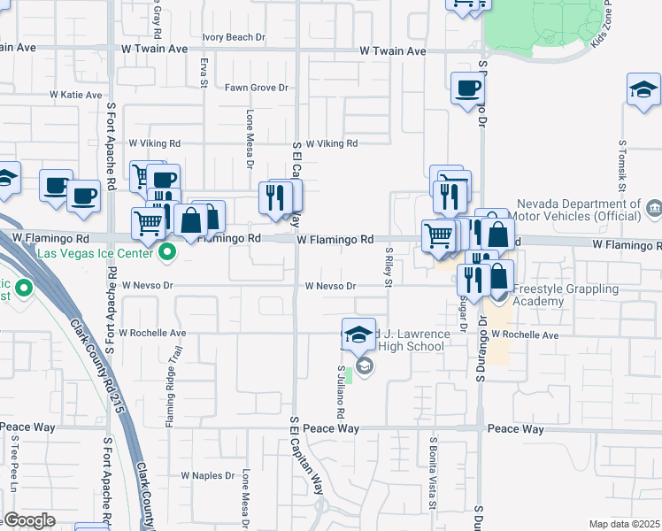 map of restaurants, bars, coffee shops, grocery stores, and more near 8925 West Flamingo Road in Las Vegas