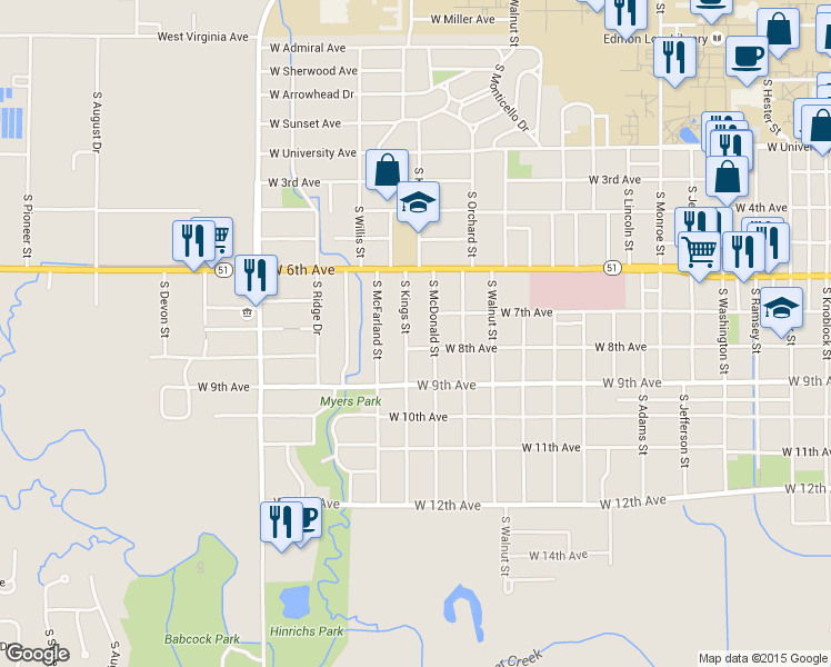 map of restaurants, bars, coffee shops, grocery stores, and more near 709 South Kings Street in Stillwater