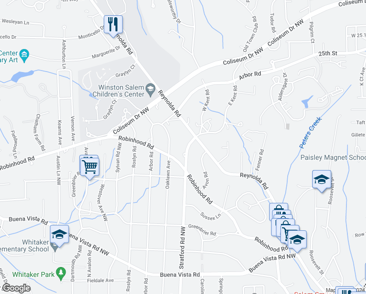 map of restaurants, bars, coffee shops, grocery stores, and more near 928 Stratford Road Northwest in Winston-Salem