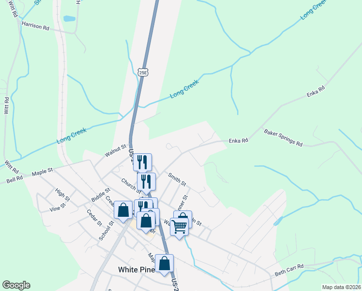 map of restaurants, bars, coffee shops, grocery stores, and more near 1606 College Street in White Pine