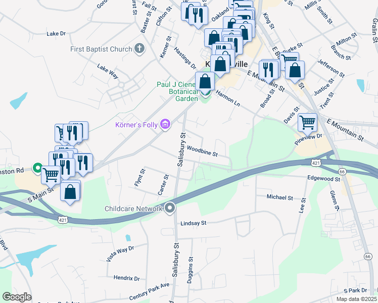 map of restaurants, bars, coffee shops, grocery stores, and more near Woodbine St in Kernersville