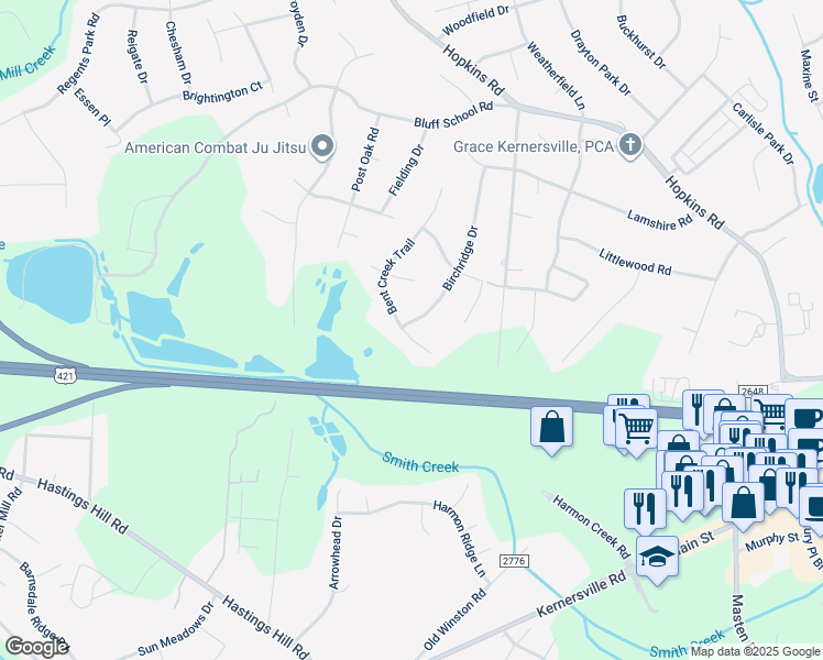 map of restaurants, bars, coffee shops, grocery stores, and more near 365 Bent Creek Trail in Kernersville