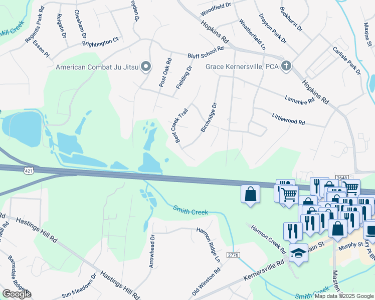 map of restaurants, bars, coffee shops, grocery stores, and more near 365 Bent Creek Trail in Kernersville