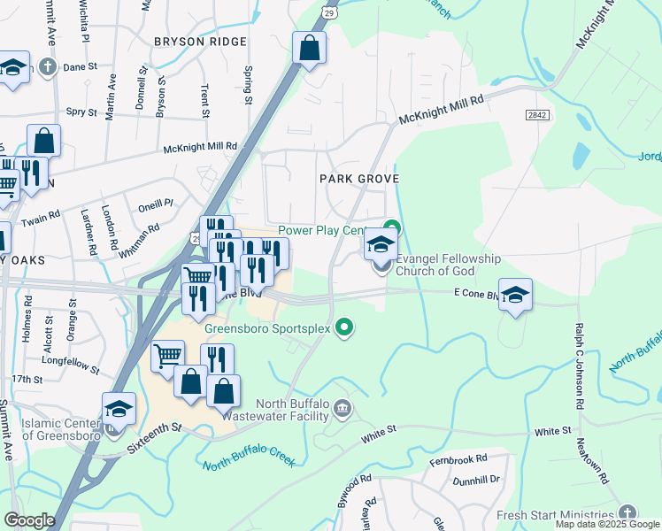 map of restaurants, bars, coffee shops, grocery stores, and more near 2542 16th Street in Greensboro